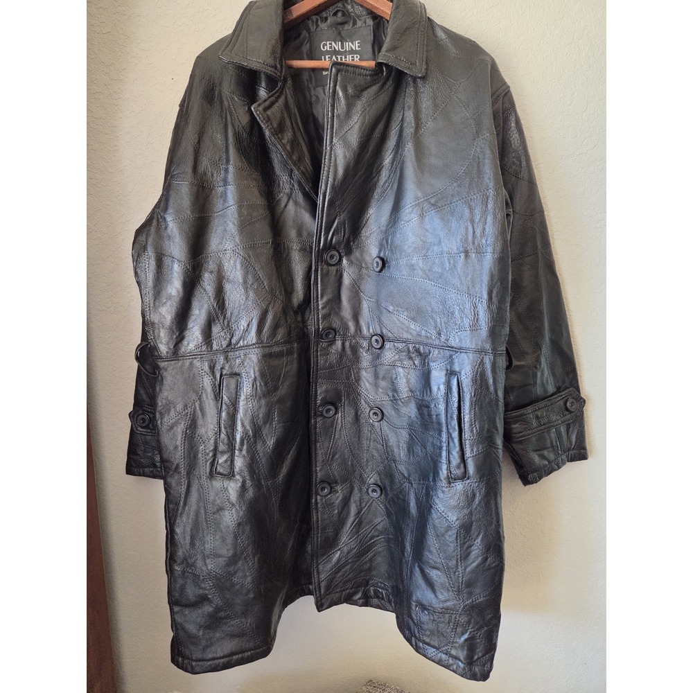 NAVARRE Black Patchwork‎ Leather Trench Coat Mens L Black VNTG No tie